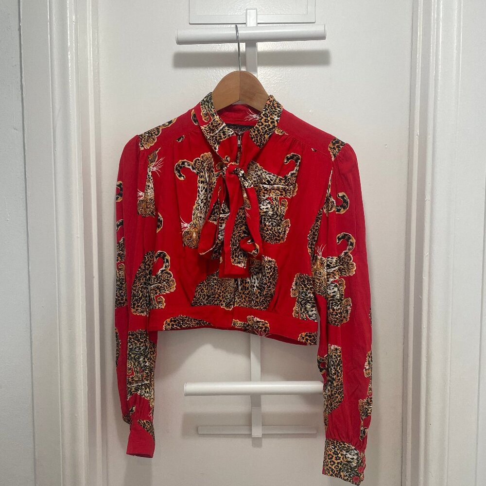 Trashy Diva 70s 40s disco red cheetah cropped blouse tie size 8